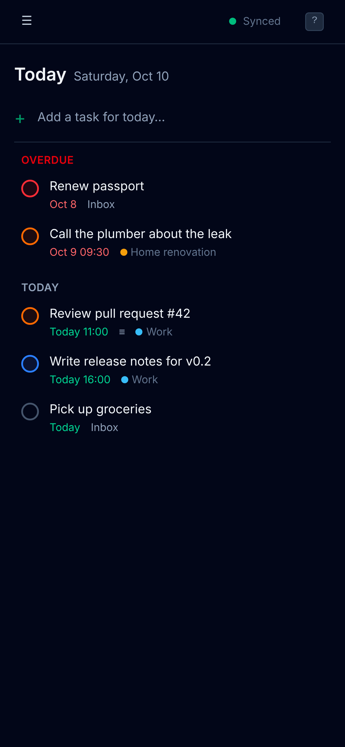 OpenTodo inbox on a phone in dark mode