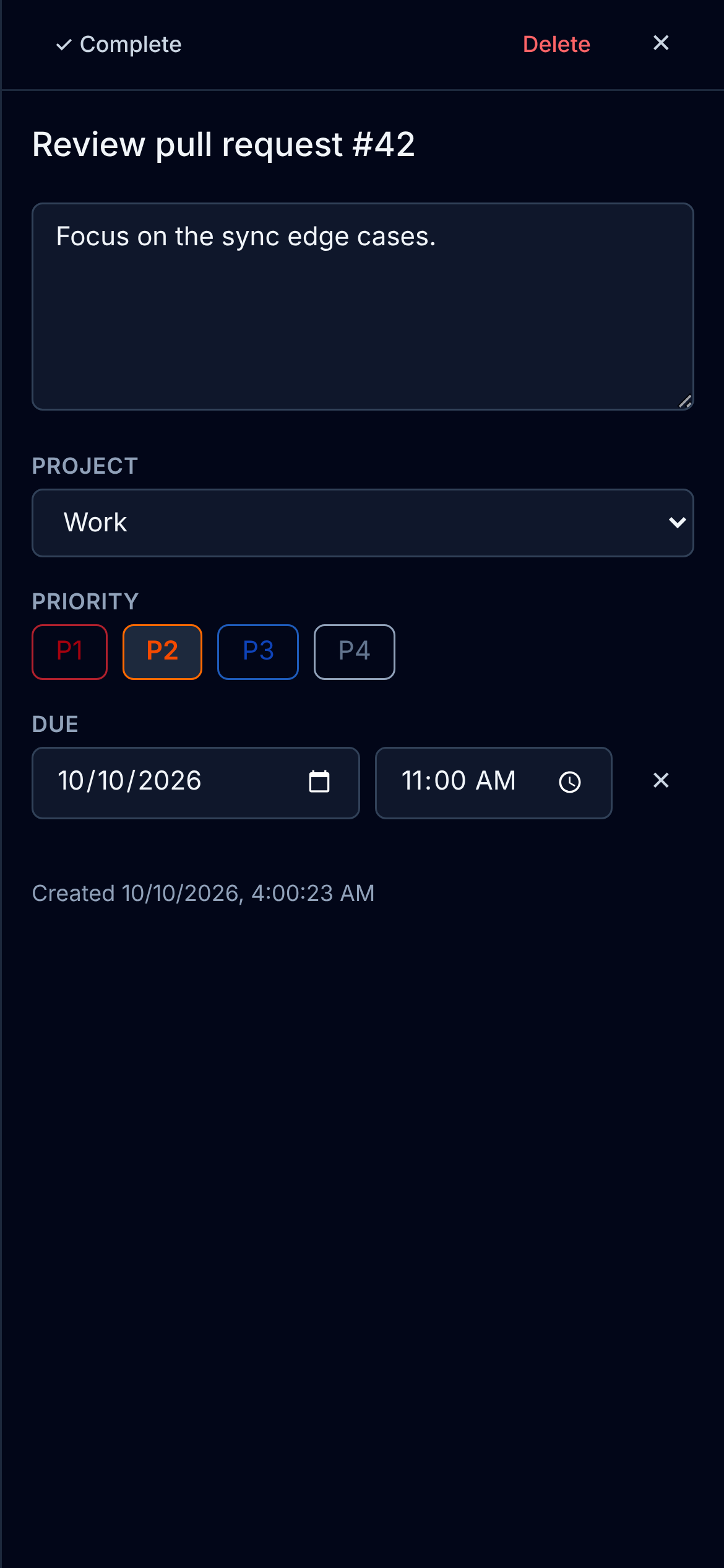 Task detail panel on a phone