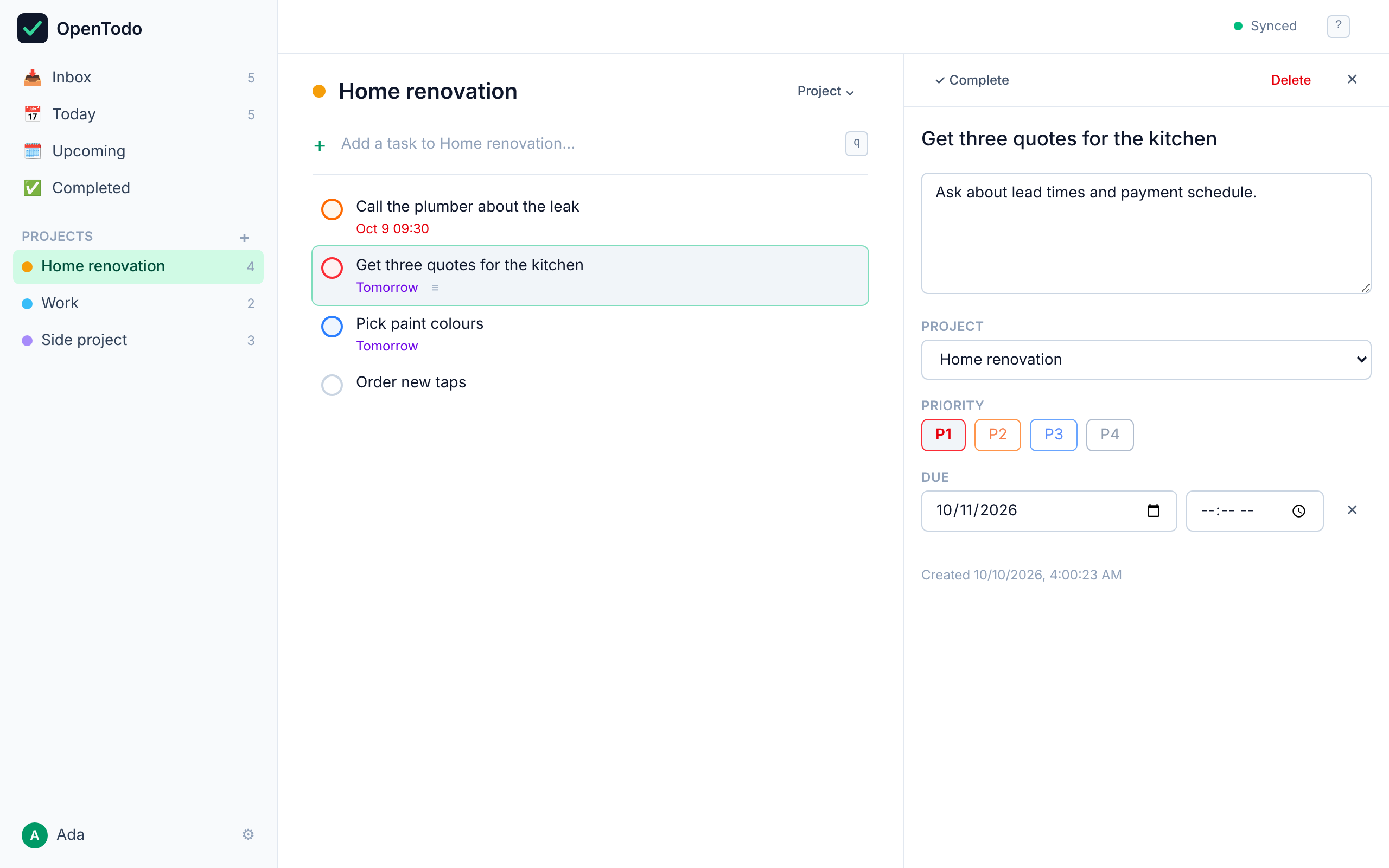 Project view with the task detail panel open