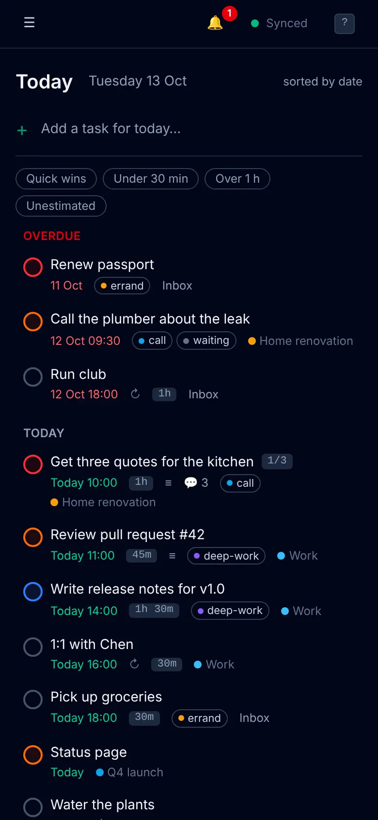 Today view on a phone in dark mode