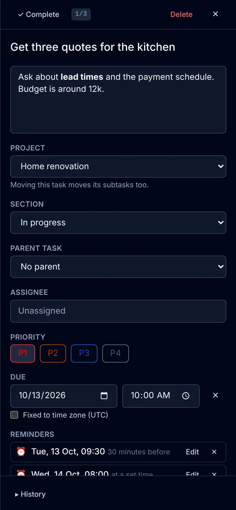 Task detail panel on a phone
