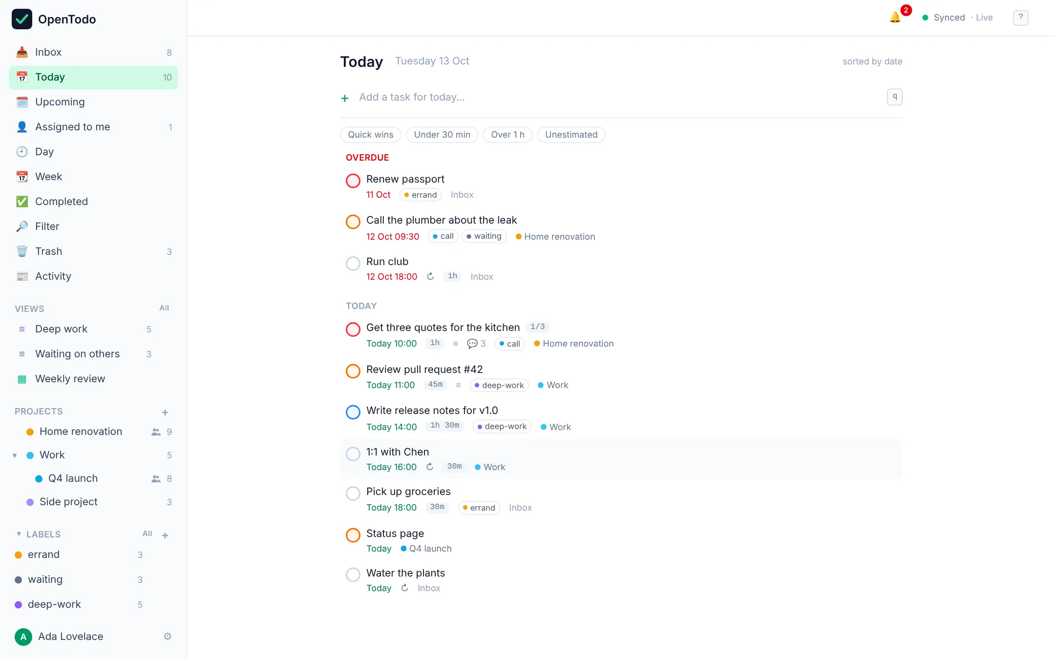 Today view: an Overdue group above today's tasks with times, estimates, labels and projects