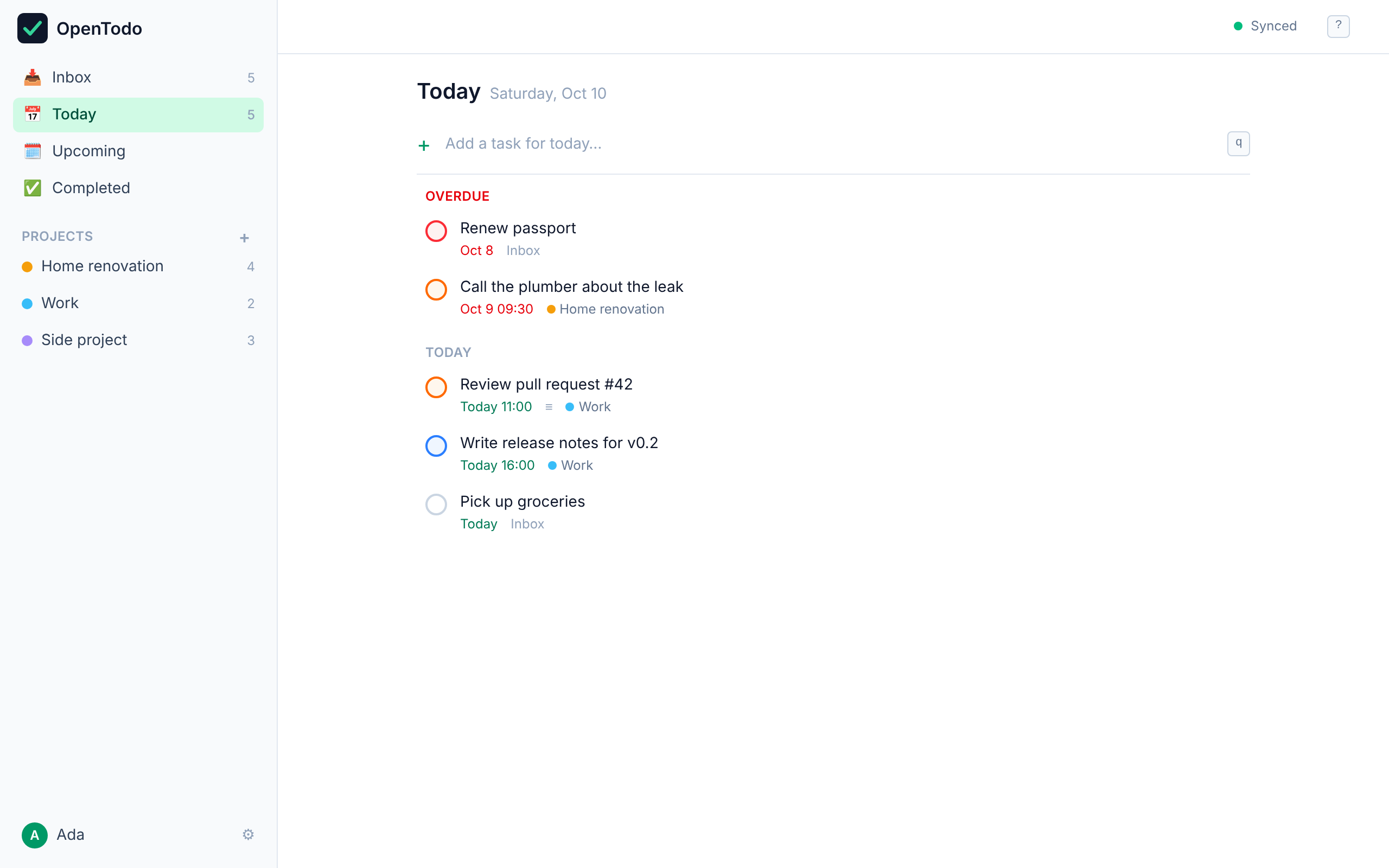 Today view with an Overdue group above today's tasks
