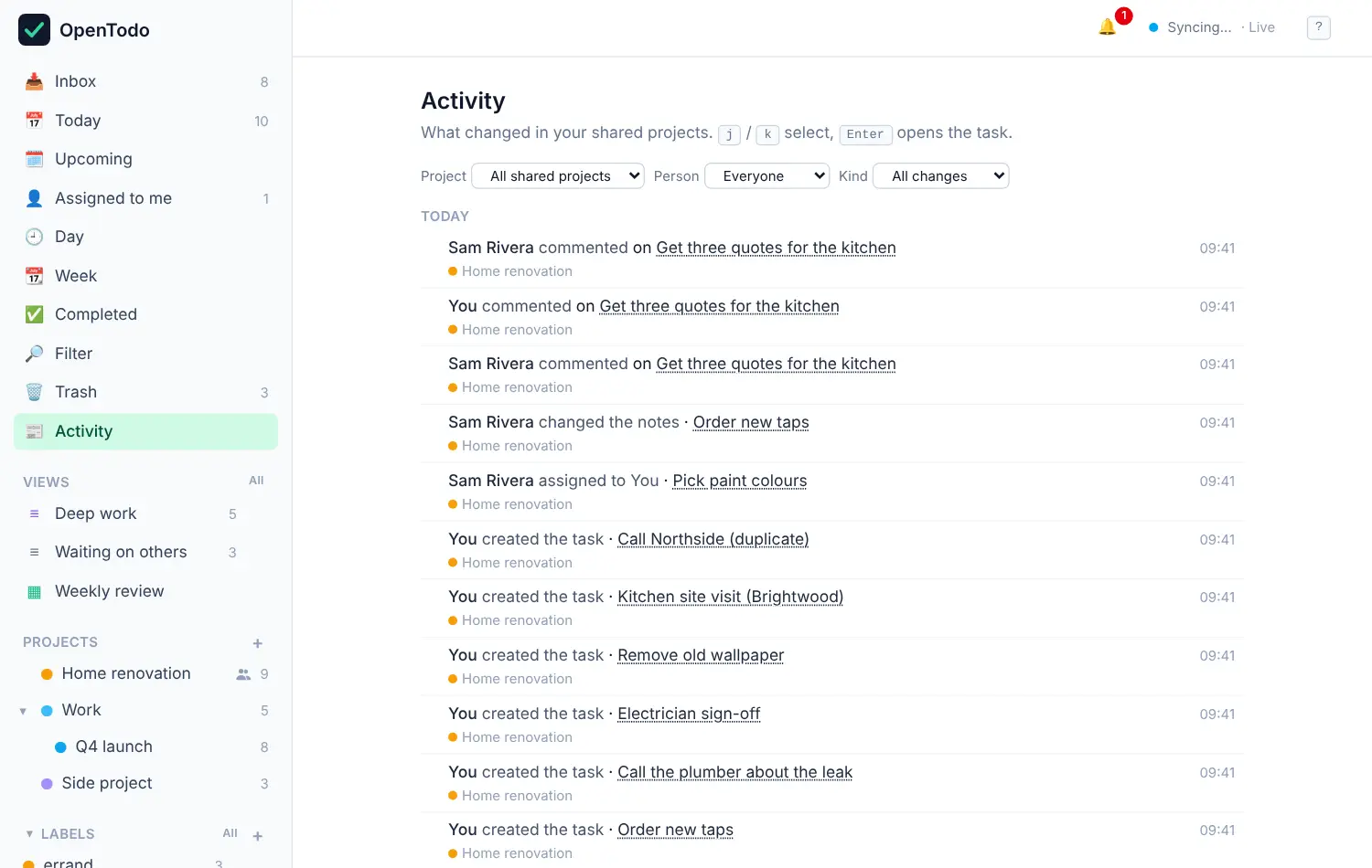 The Activity feed listing recent changes by Sam Rivera and you in the Home renovation project.