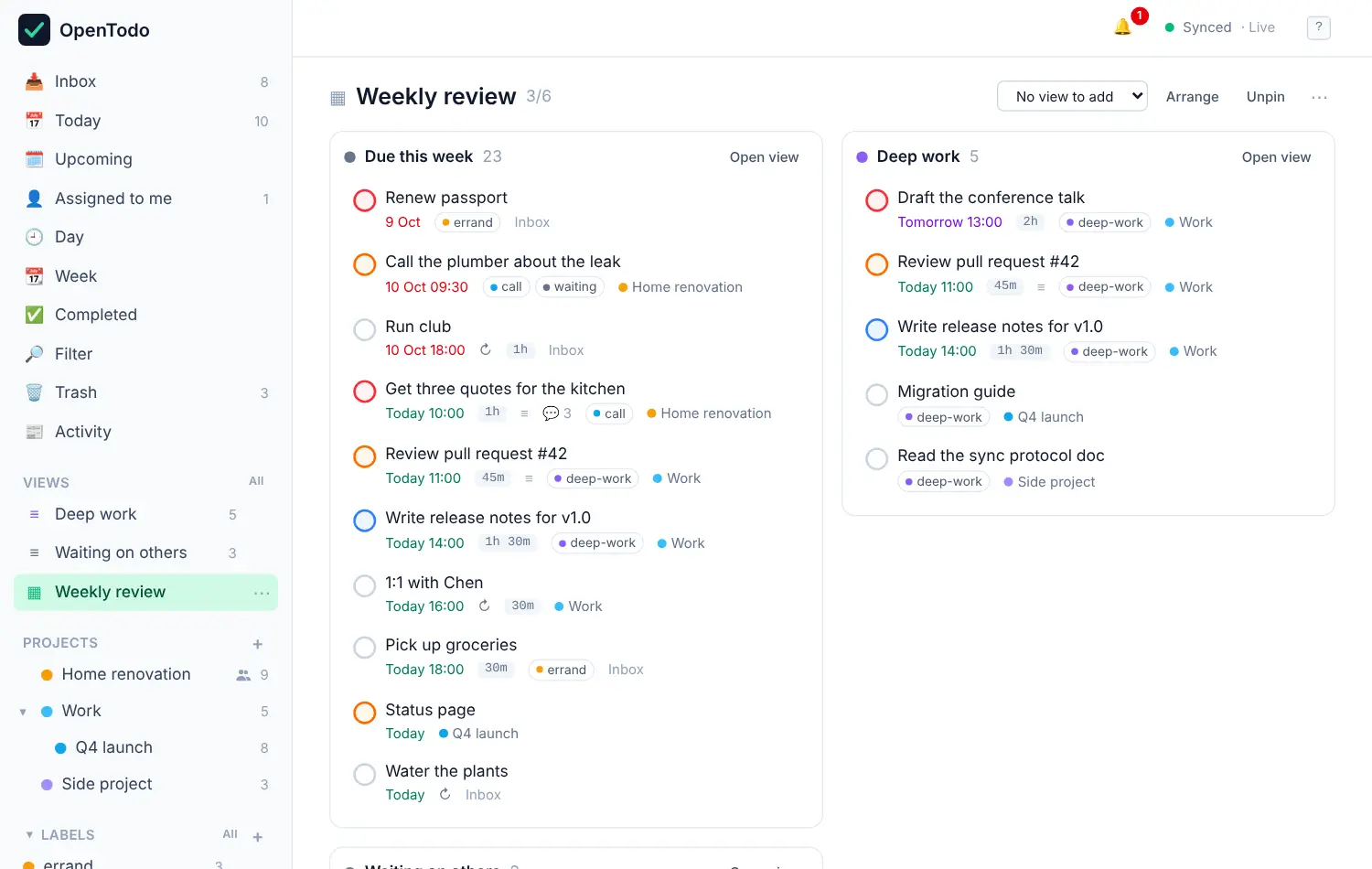 The Weekly review dashboard with three panels: Due this week, Deep work and Waiting on others.