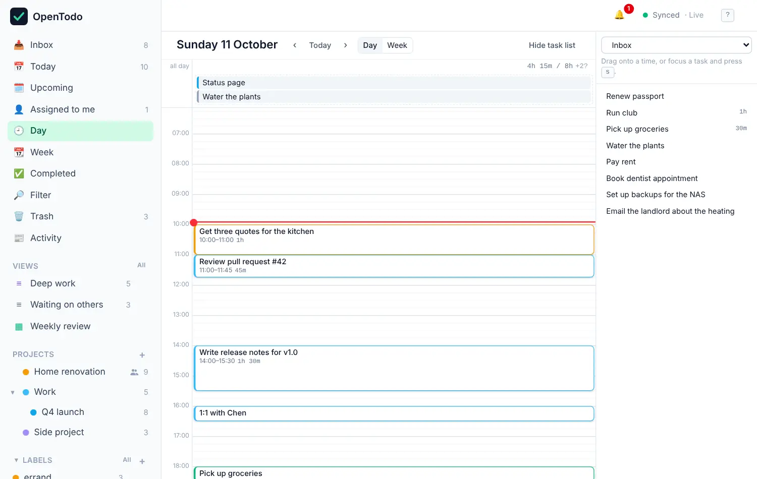 The Day calendar with the day's tasks as blocks between morning and evening.