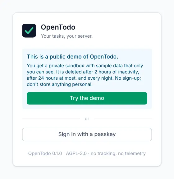 The demo sign-in card with a short explanation and a green Try the demo button.