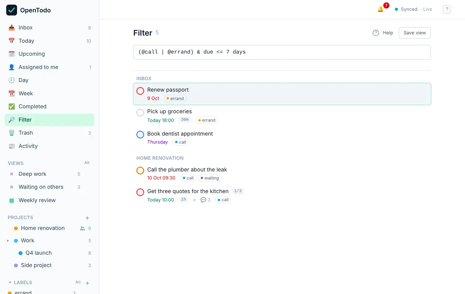 The Filter view with the query (@call | @errand) & due <= 7 days and the matching tasks below.