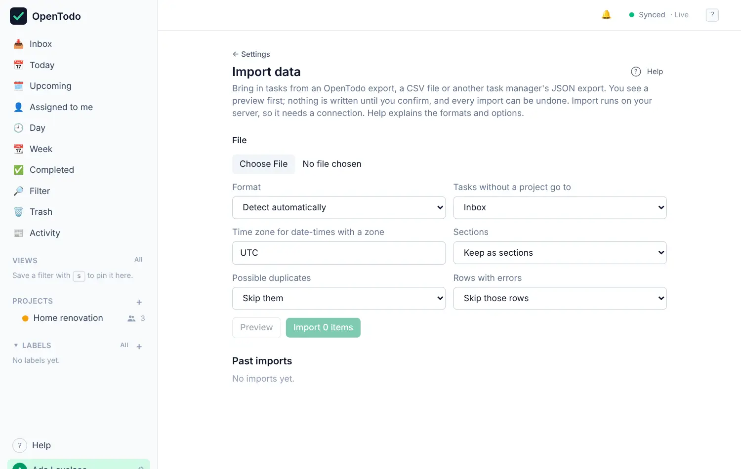 The Import data screen with a file picker and the list of past imports.