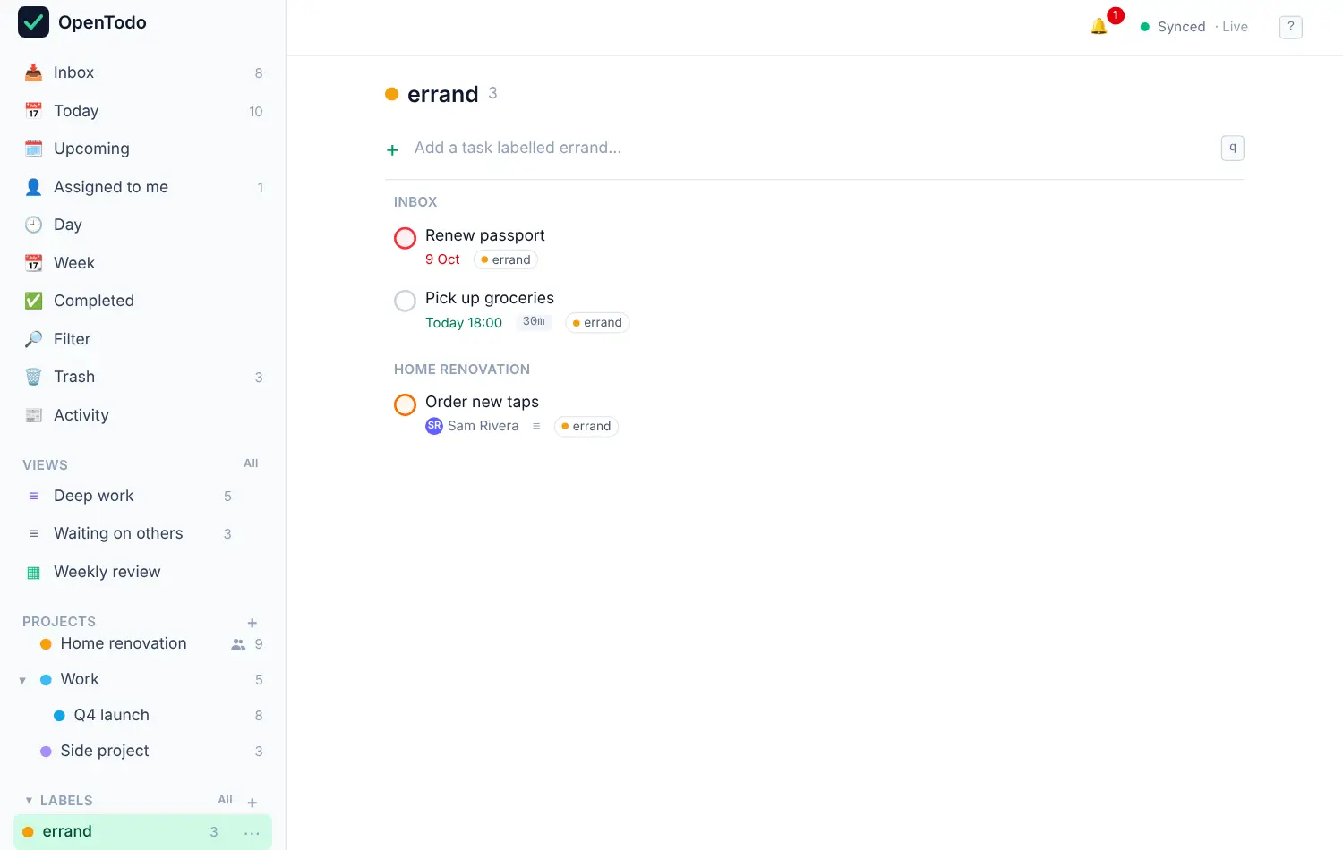The errand label view listing its tasks grouped by project.