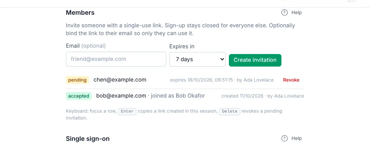 Settings, Members section: an email field, an expiry menu set to 7 days, a Create invitation button, and a list with one pending and one accepted invitation.