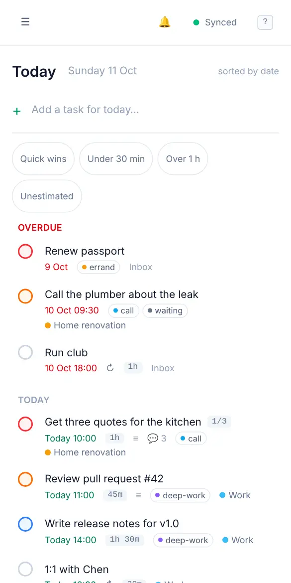 OpenTodo on a phone, showing the Today list full screen.