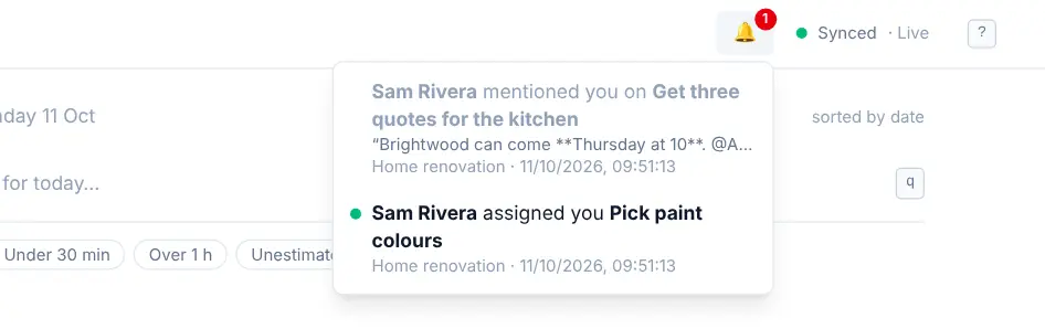The notifications list open under the bell: Sam Rivera mentioned you on a task, and Sam Rivera assigned you a task.