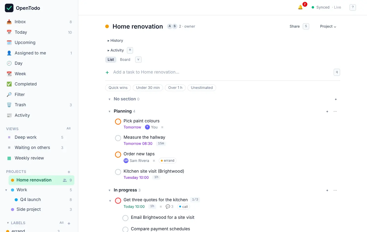 A project in list layout with the section headings Planning and In progress, each with a task count and a plus button.