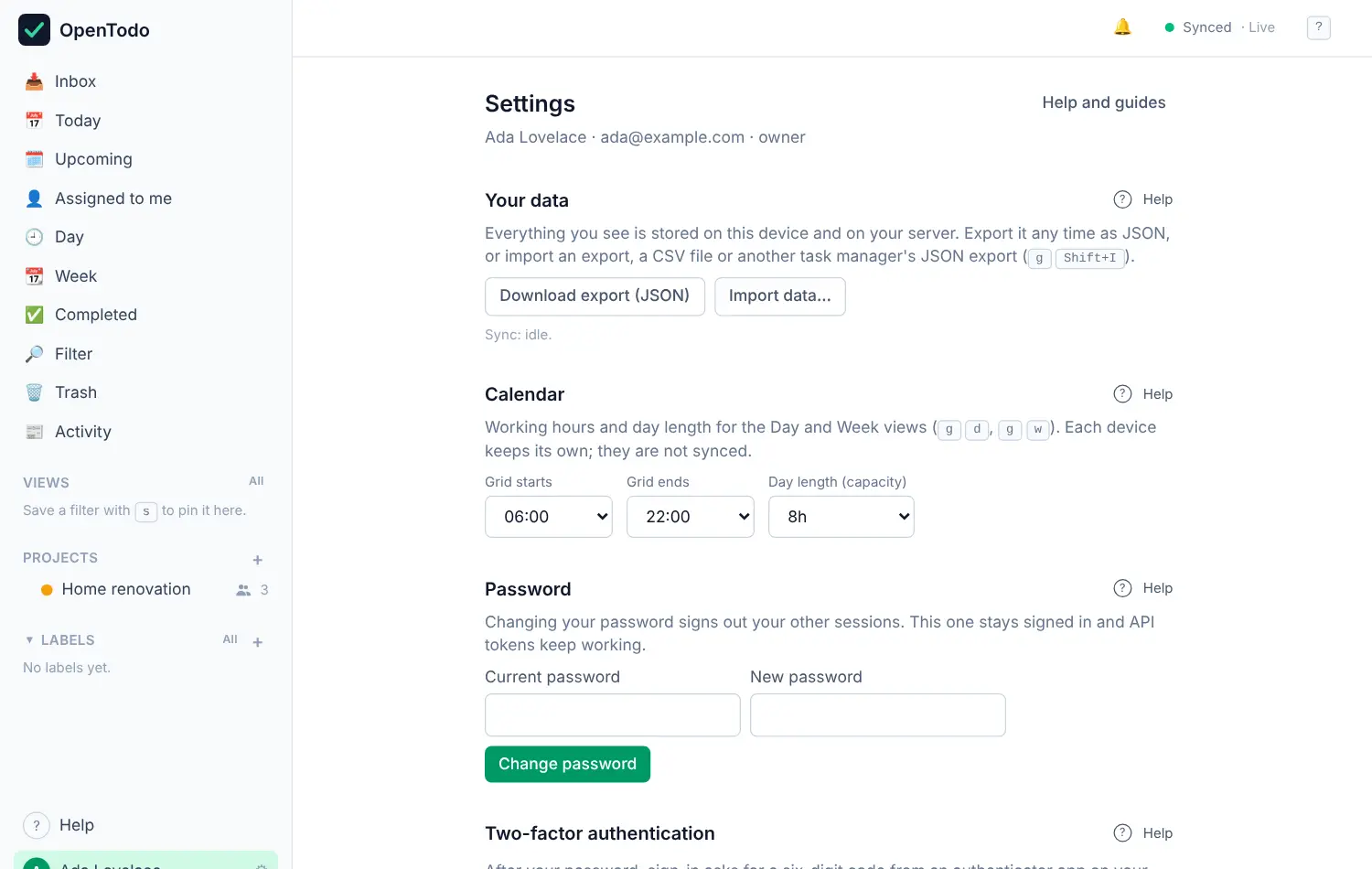 The top of the Settings page with the sections Your data, Calendar and Password.