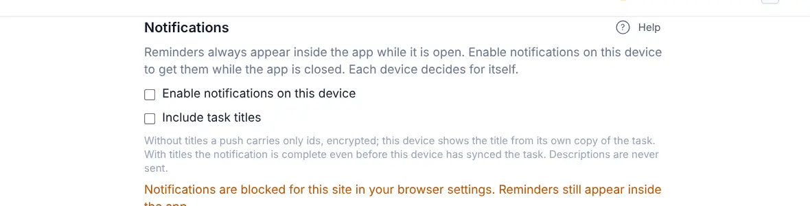 Settings, Notifications section with the options Enable notifications on this device and Include task titles.