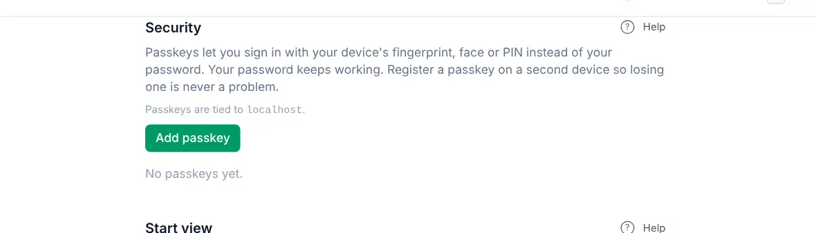Settings, Security section explaining passkeys, with an Add passkey button.