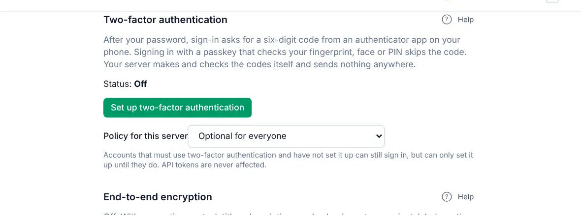 Settings, Two-factor authentication section with the status Off and a Set up two-factor authentication button.