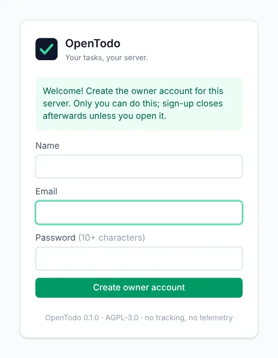 The Create the owner account form with Name, Email and Password fields.