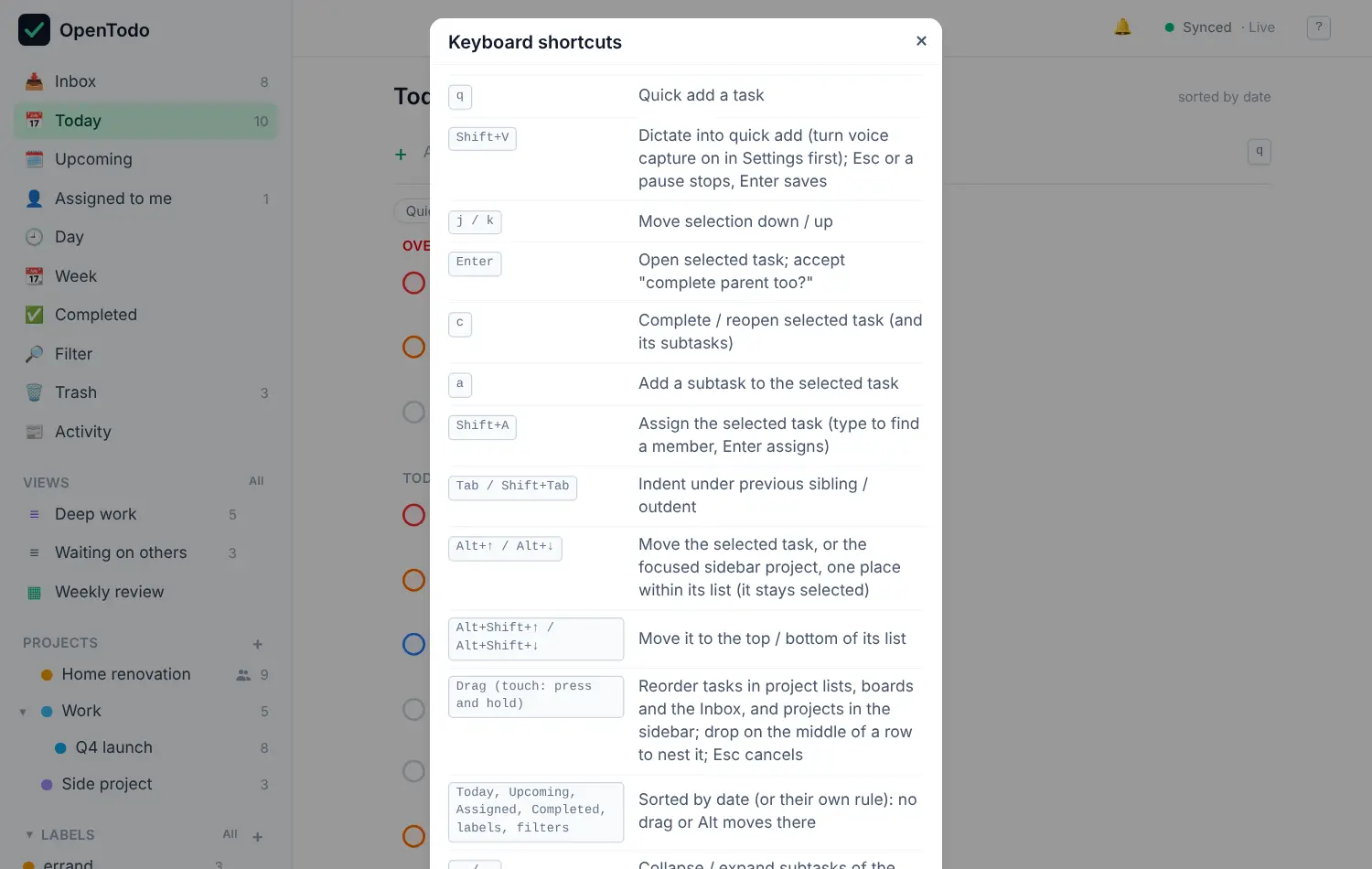 The Keyboard shortcuts dialog open over the Today view.