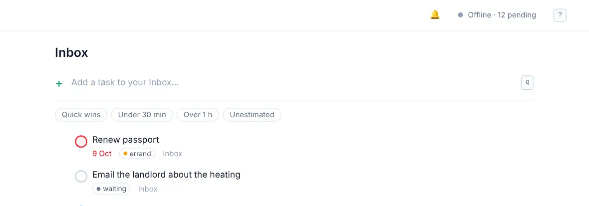 The top of the Inbox with the status Offline · 12 pending next to the bell.