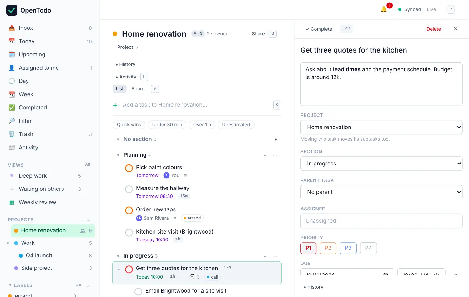 A project list with the task panel open on the right, showing the title, notes, project, section, parent task, assignee, priority and due date.