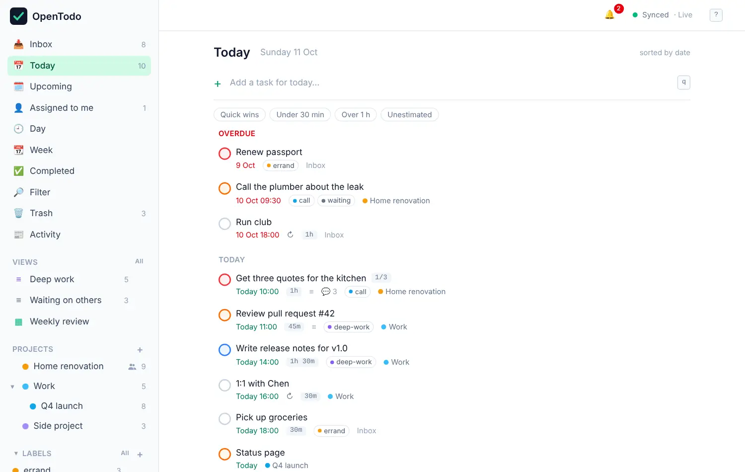 The Today view with an Overdue group above today's tasks.