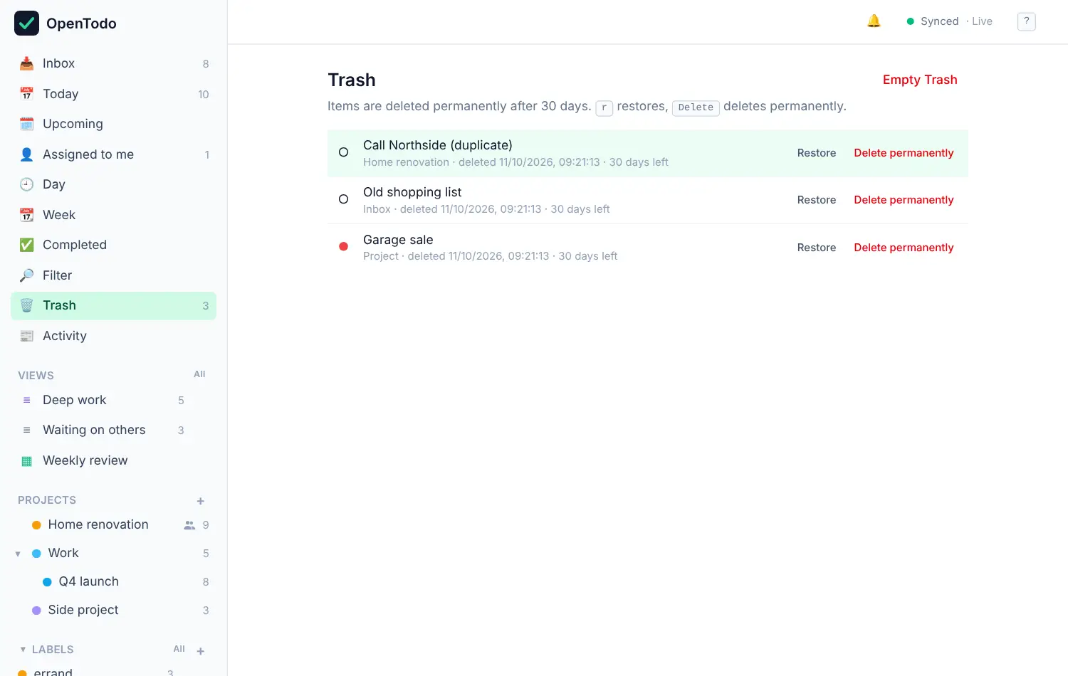 The Trash with a deleted project and two deleted tasks, each with Restore and Delete permanently buttons.