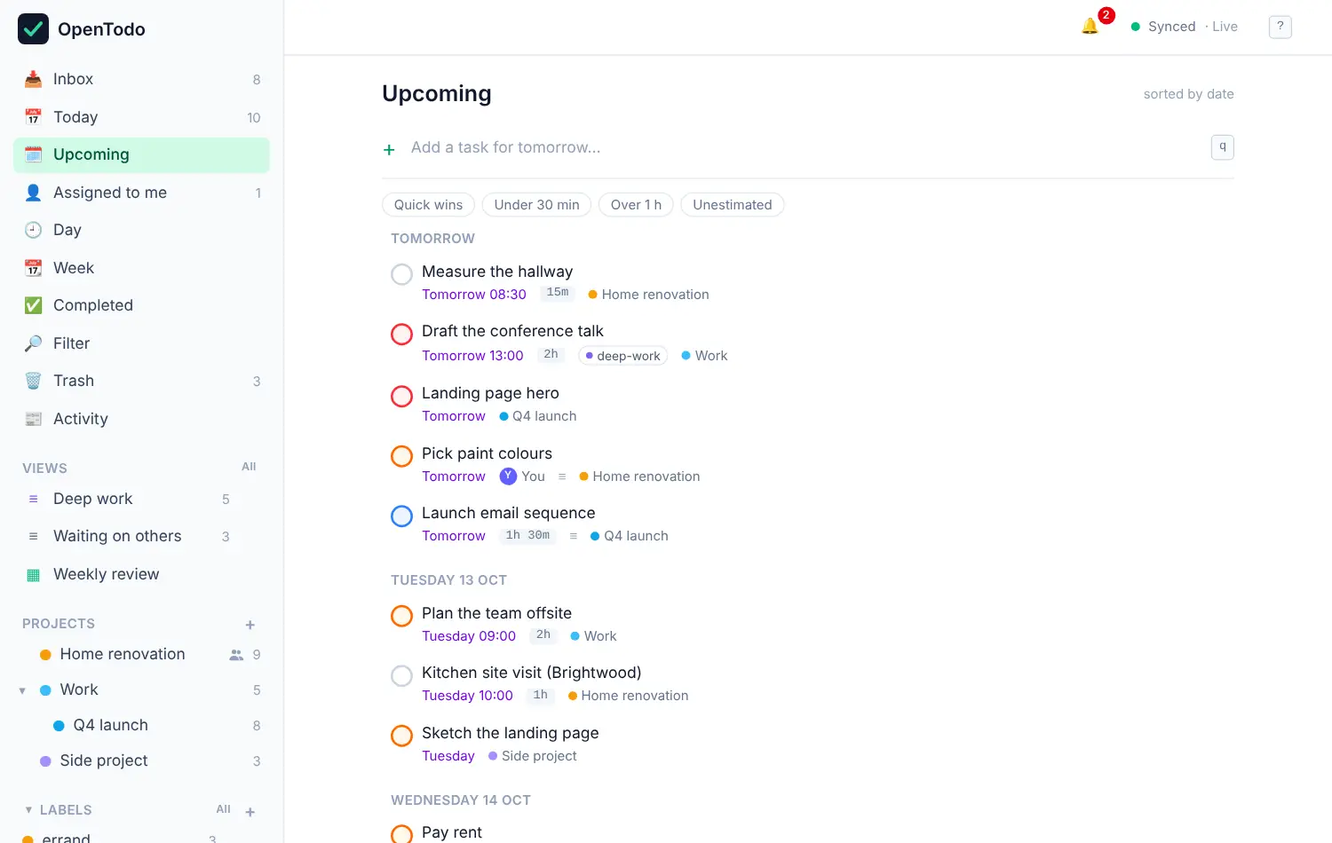 The Upcoming view with tasks grouped under Tomorrow and the following weekdays.