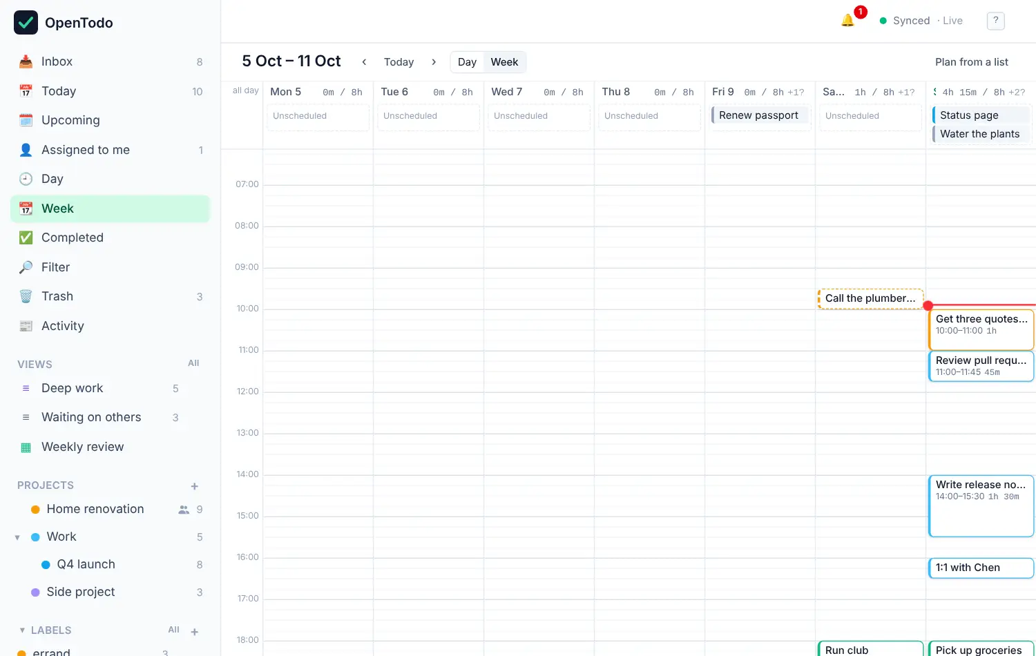 The Week calendar with timed tasks as blocks, an Unscheduled lane under each day, and planned hours against an 8-hour day in each day's header.